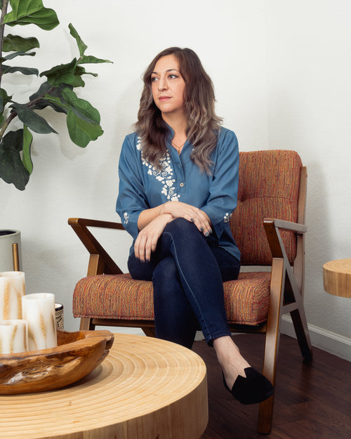 Blue Button Collar with White Embroidery