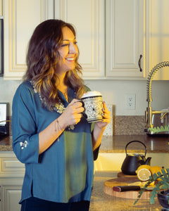 Blue Button Collar with White Embroidery