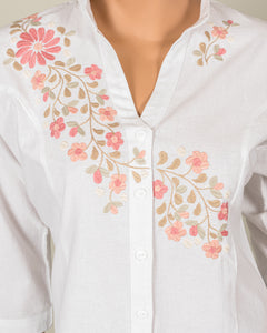 White Button-up with Pink Embroidery