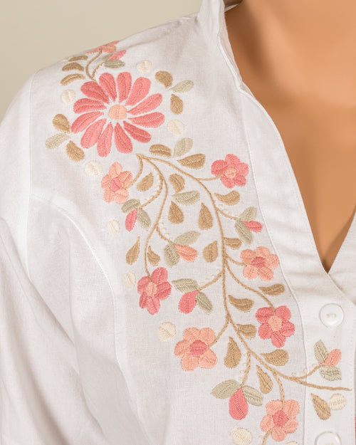 White Button-up with Pink Embroidery