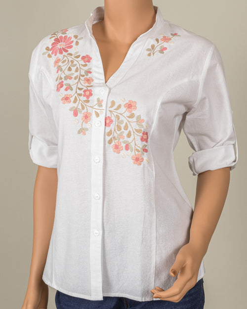 White Button-up with Pink Embroidery