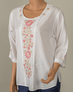 White Crew Neck Blouse wth Pink Embroidery