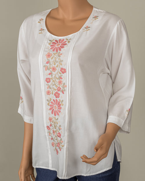 White Crew Neck Blouse wth Pink Embroidery