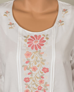 White Crew Neck Blouse wth Pink Embroidery