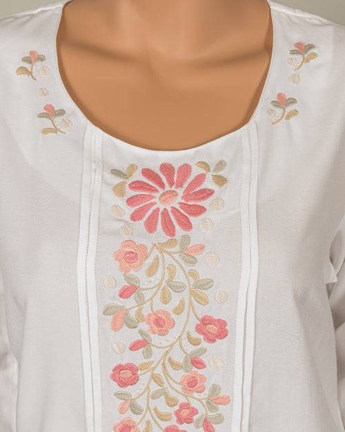 White Crew Neck Blouse wth Pink Embroidery