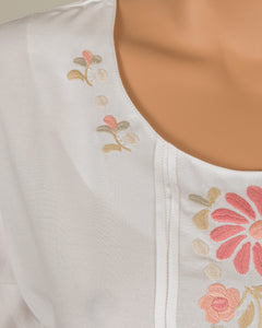 White Crew Neck Blouse wth Pink Embroidery