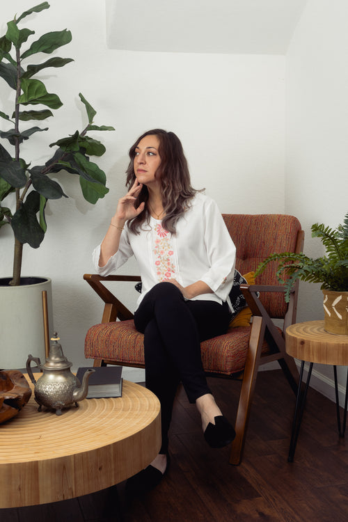 White Crew Neck Blouse wth Pink Embroidery
