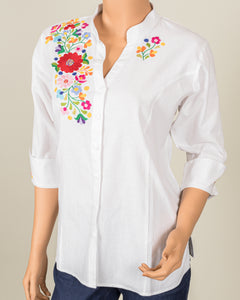 White Button-Up with Multicolor Embroidery
