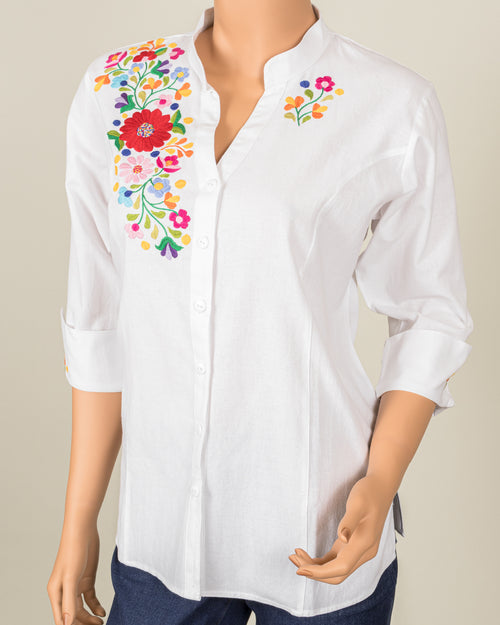 White Button-Up with Multicolor Embroidery