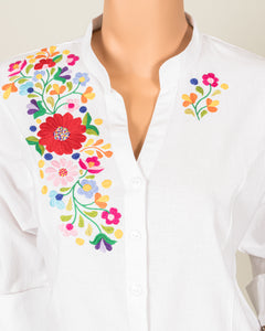 White Button-Up with Multicolor Embroidery