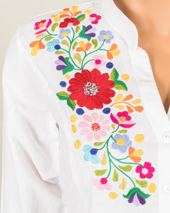 White Button-Up with Multicolor Embroidery