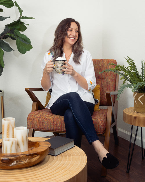 White Button-Up with Multicolor Embroidery