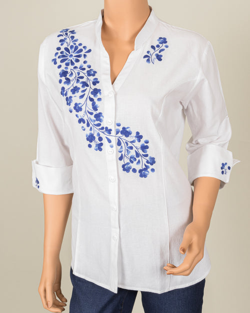 White Button-Up with Blue Embroidery