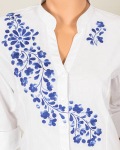 White Button-Up with Blue Embroidery