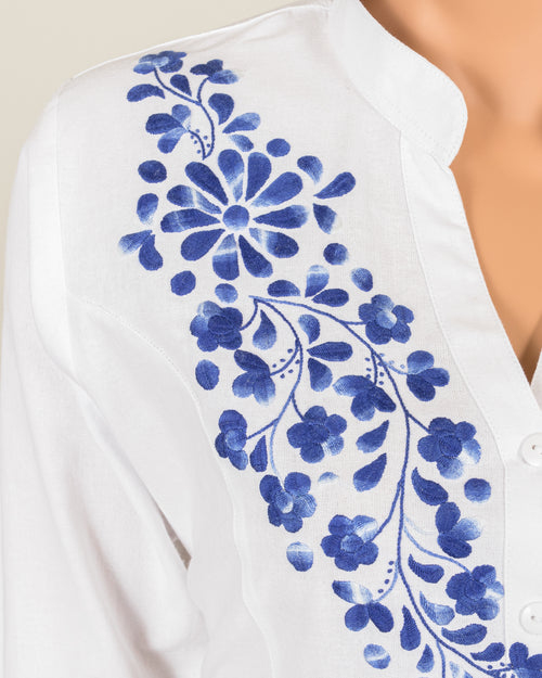 White Button-Up with Blue Embroidery