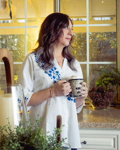 White Button-Up with Blue Embroidery