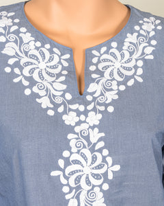 Blue Blouse with White Embroidery