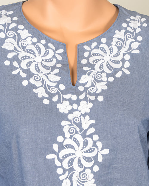 Blue Blouse with White Embroidery