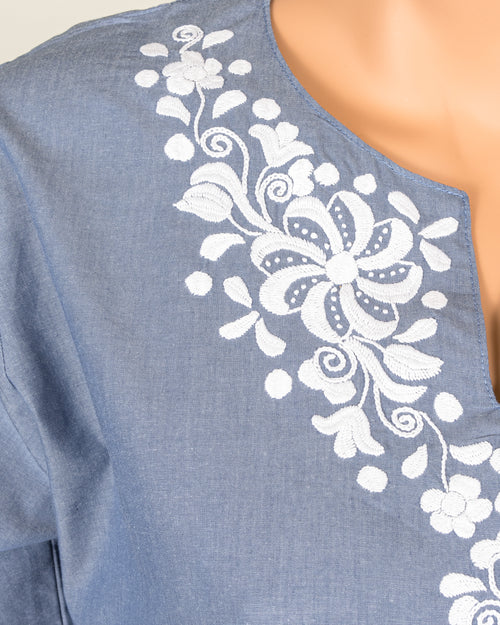 Blue Blouse with White Embroidery