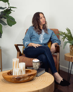 Blue Blouse with White Embroidery