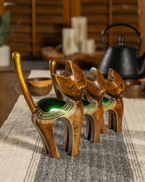 Decorative Hand-Painted Wooden Cat Trio