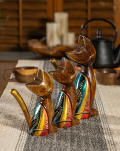 Decorative Hand-Painted Wooden Sitting Cat Trio