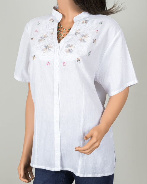 Short Sleeve White Button-Up Floral Top