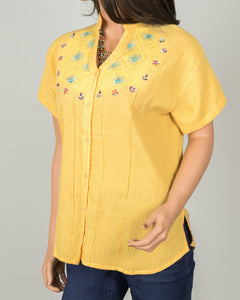 Short Sleeve Yellow Button-Up Floral Top