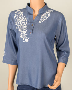 Blue Button Collar - White Embroidery