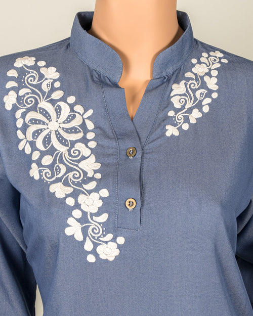 Blue Button Collar - White Embroidery