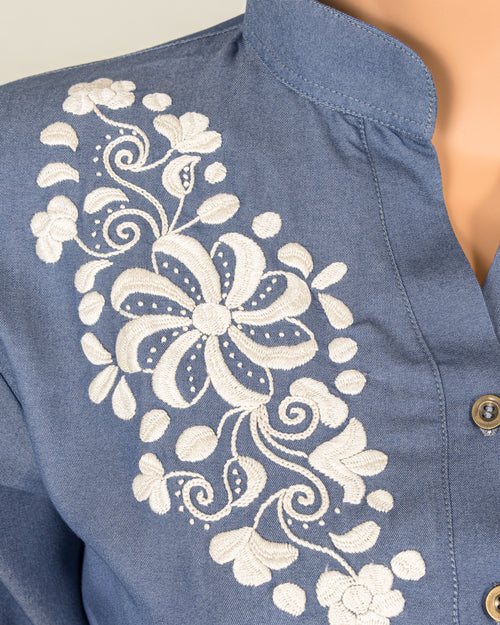 Blue Button Collar - White Embroidery