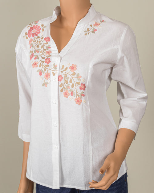 White Button-up - Pink Embroidery