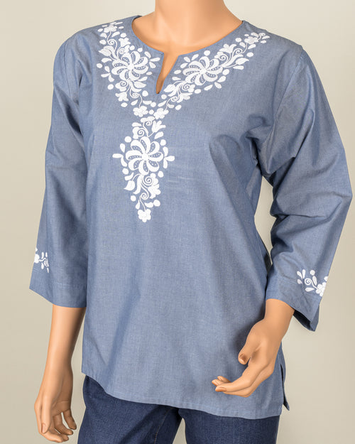 Blue Blouse - White Embroidery