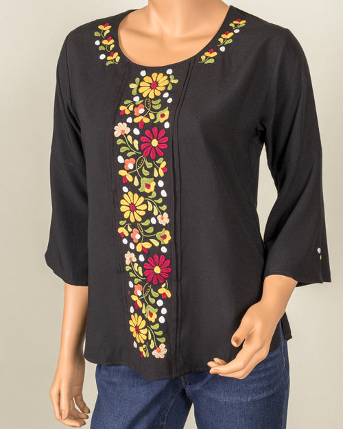 Black Cowl Neck - Multicolor Embroidery