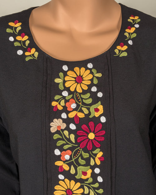 Black Cowl Neck - Multicolor Embroidery