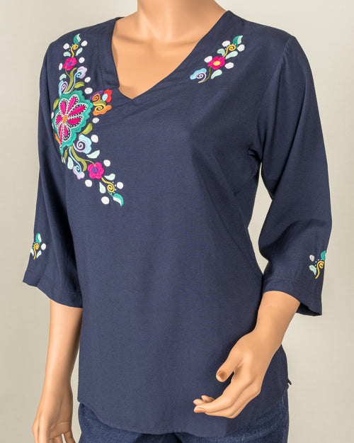 Blue Blouse - Multicolor Embroidery