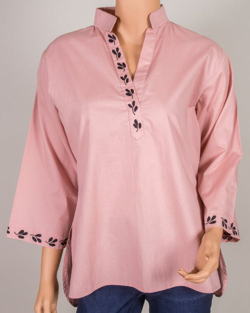 Pink Blouse with Black Embroidery