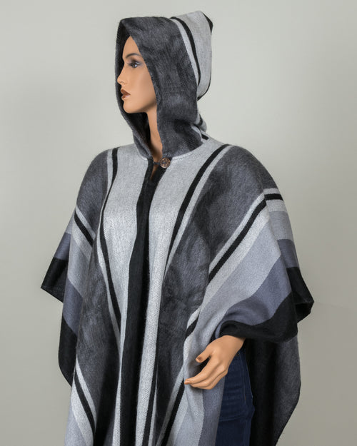 Hooded Striped Alpaca Poncho with Fringe