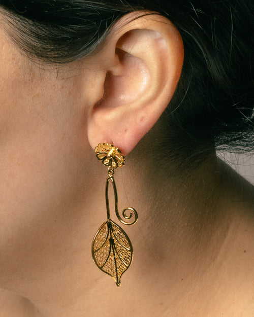 Flower and Leaf Dangle Filigree Earrings