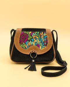 Suede Embroidered Saddlebag Purse - Black