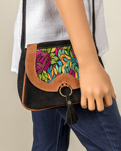 Suede Embroidered Saddlebag Purse - Black