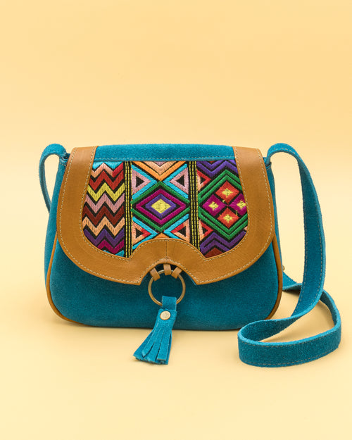 Suede Embroidered Saddlebag Purse - Blue