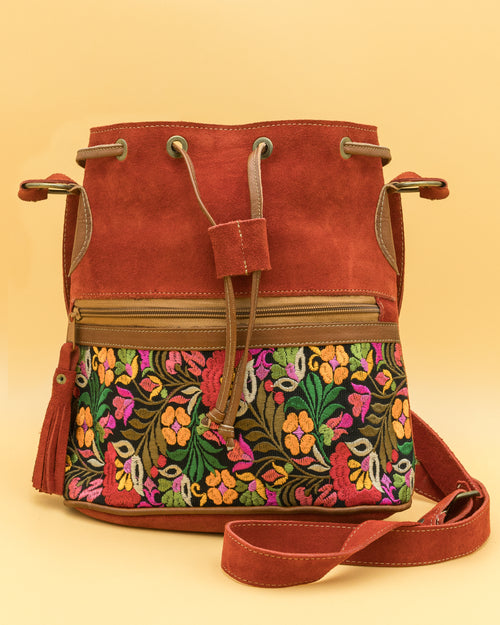 Suede Embroidered Drawstring Purse - Red