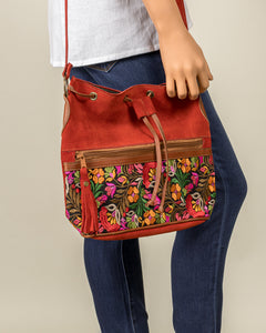 Suede Embroidered Drawstring Purse - Red