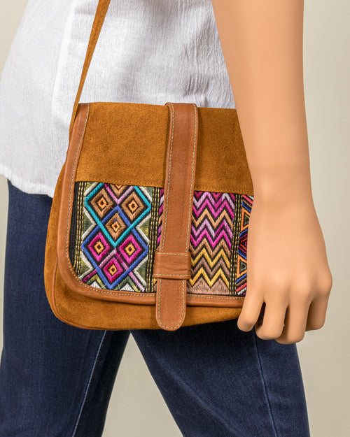 Suede Embroidered Saddlebag Purse - Brown